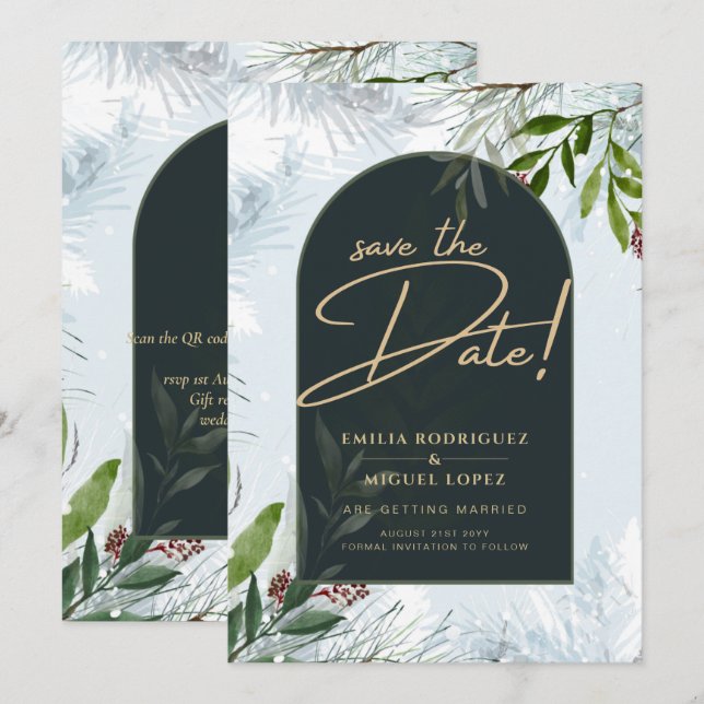 Modern Winter Greenery Wedding Gold Save Date Invitation (Front/Back)