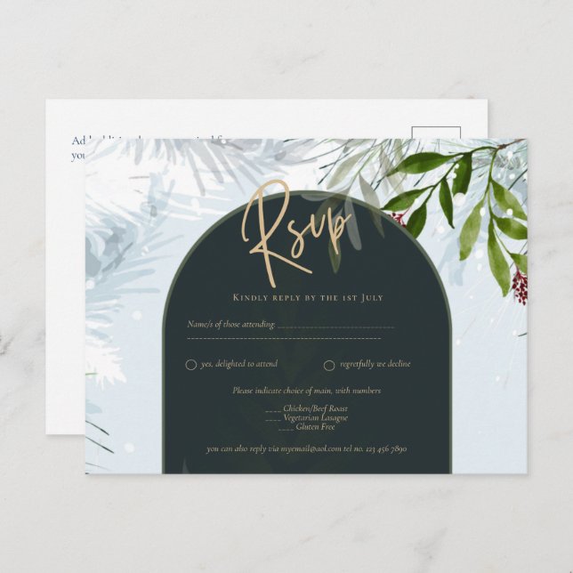 Modern Winter Greenery Wedding Gold Text Teal Arch Postcard (Front/Back)