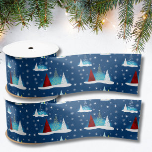 Modern Winter Happy Holiday Trees Pattern Satin Ribbon