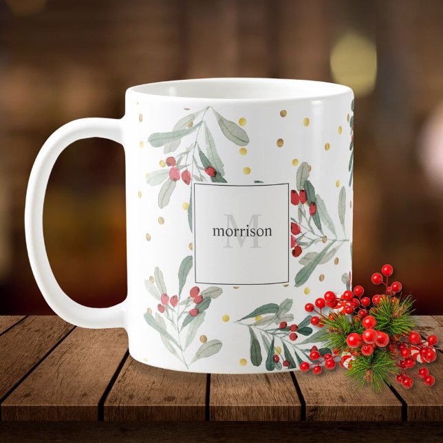 Modern Winter Holiday Botanicals Gold Monogram Coffee Mug (Creator Uploaded)