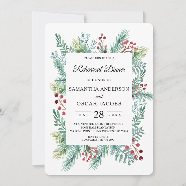 Modern Winter Leaf Frame Greenery Invitation (Front)