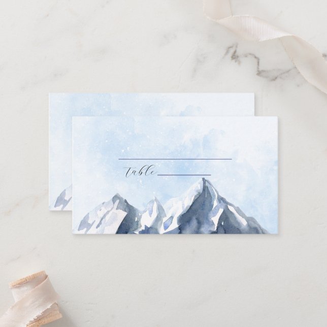 Modern Winter Mountain Pattern Wedding Place Card (Front/Back In Situ)