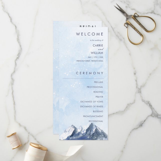 Modern Winter Mountain Pattern Wedding Programme (Front/Back In Situ)