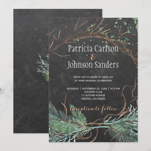 Modern winter nature chalkboard watercolor wedding invitation (Front/Back)