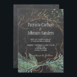 Modern winter nature chalkboard watercolor wedding invitation<br><div class="desc">Elegant winter wedding stylish invitation template on dark grey chalkboard featuring modern winter branches and pine boughs wreath and natural green watercolor splashes. Fill in your information in the spots, You can choose to customise it further changing fonts and colours of lettering. --------- The invitation is suitable for elegant trendy...</div>