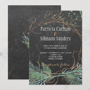 Modern winter nature chalkboard watercolor wedding invitation