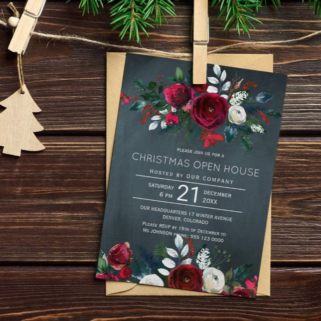 Modern Winter Navy Red Floral Christmas Open House Invitation (Creator Uploaded)