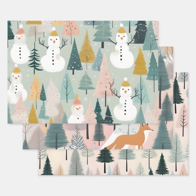 Modern Winter Pastel Snowman Foxes & Trees Greens Wrapping Paper Sheet (Set)