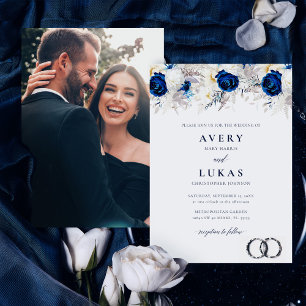 Modern Winter Photo Blue & White Floral Wedding Invitation