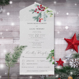 Modern Winter Pine Berries & Snow Grey Dinner All In One Invitation