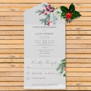 Modern Winter Pine Berries & Snow Grey No Dinner All In One Invitation