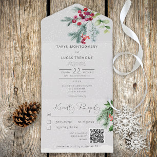 Modern Winter Pine Berries & Snow Grey QR Code All In One Invitation
