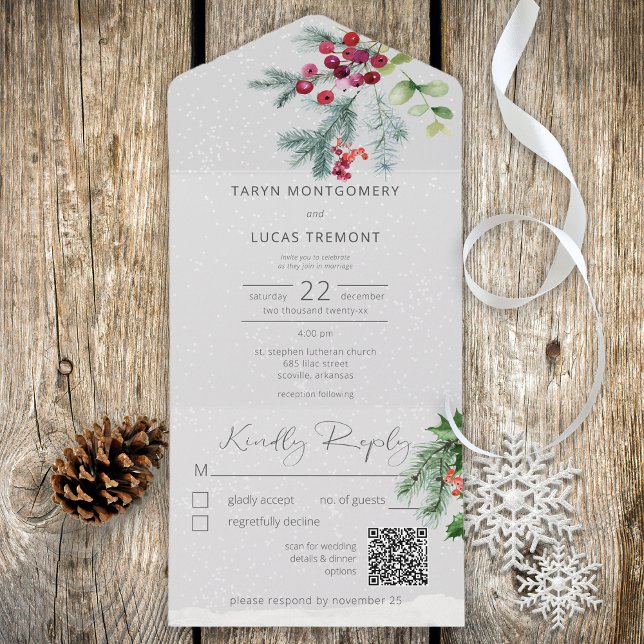 Modern Winter Pine Berries & Snow Grey QR Code All In One Invitation (Also available without a QR code; with or without dinner selection options.)