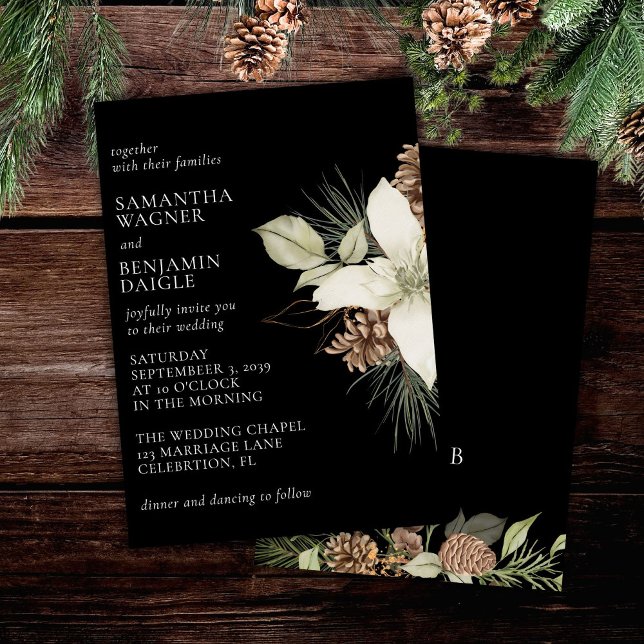 Modern Winter Pine Black and White Elegant Wedding Invitation (Creator Uploaded)