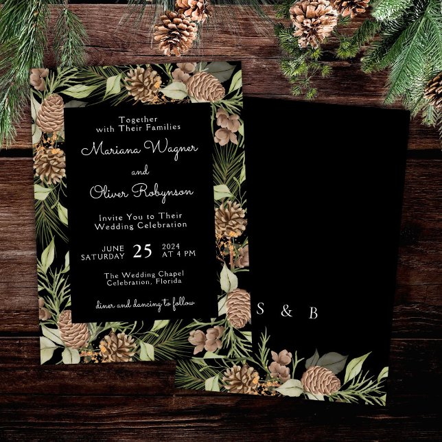Modern Winter Pine Black and White Elegant Wedding Invitation (Creator Uploaded)