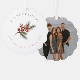 Modern Winter Pine Branch & Berries Photo Tree Decoration Card