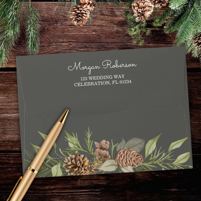 Modern Winter Pine Stone Grey Elegant Wedding Envelope (Creator Uploaded)