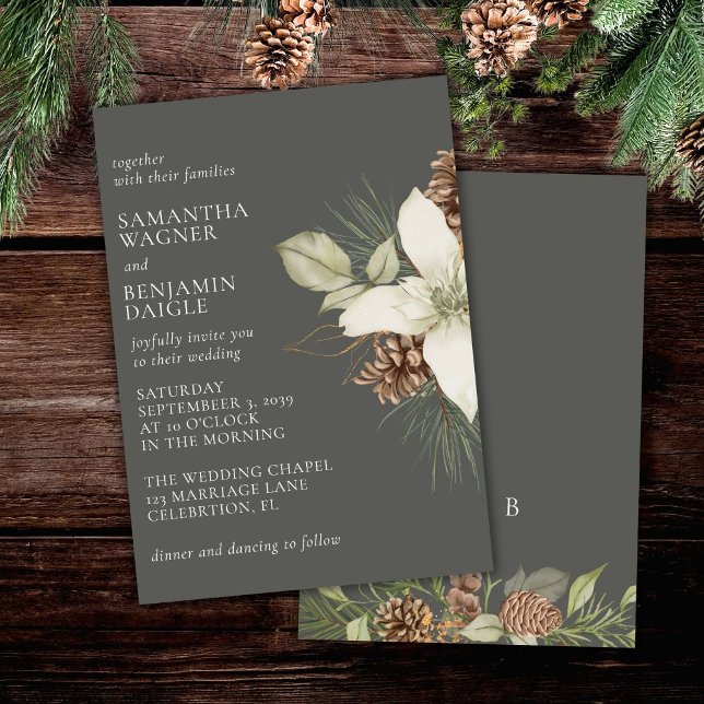 Modern Winter Pine Stone Grey Elegant Wedding Invitation (Creator Uploaded)