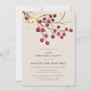 Modern Winter Red Berry 21st Birthday Party Invitation