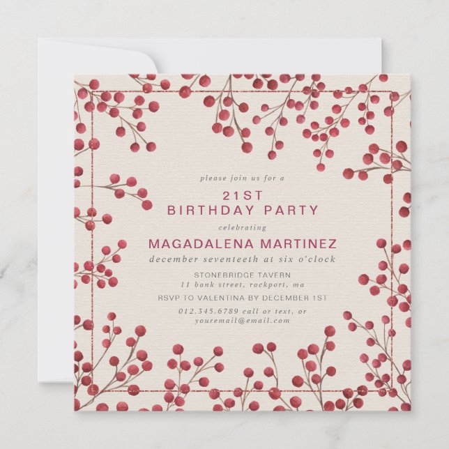 Modern Winter Red Berry 21st Birthday Party Invitation (Front)