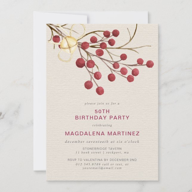 Modern Winter Red Berry 50th Birthday Party Invitation (Front)