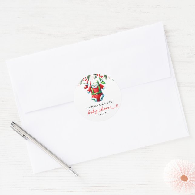 Modern Winter Red Christmas Santa Baby Shower Classic Round Sticker (Envelope)