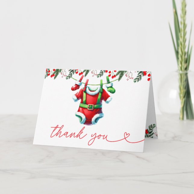 Modern Winter Red Christmas Santa Baby Shower Thank You Card (Front)