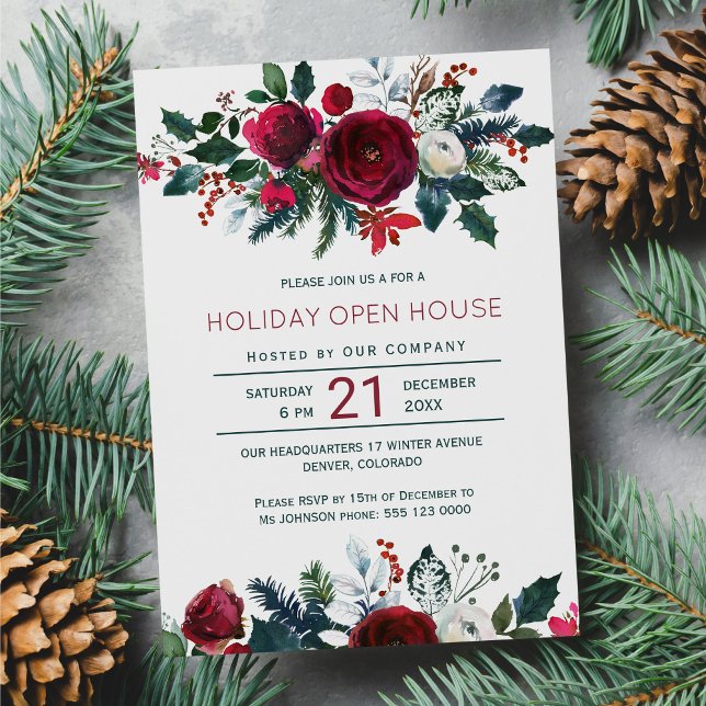 Modern winter red flowers holiday open house invitation (Creator Uploaded)