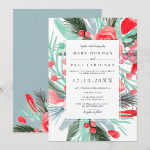 Modern winter red green floral watercolor wedding invitation