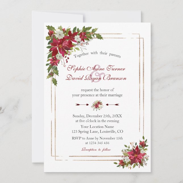 Modern Winter Red White Poinsettia Gold Wedding Invitation (Front)