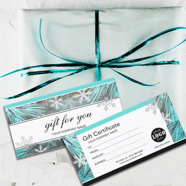 Modern Winter Snow Gift Certificate (#zazzlemade #winter #holiday #christmas #aquablue #snow #leaves #snowflakes #ModernWinterSnow )