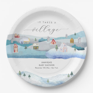 Modern Winter Snow It Takes A Village Baby Shower Paper Plate
