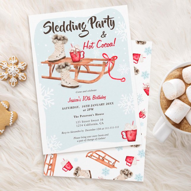 Modern winter snow sledding hot cocoa birthday invitation (Creator Uploaded)