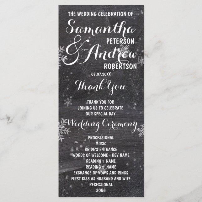 Modern winter snowflake chalkboard wedding program programme (Front)