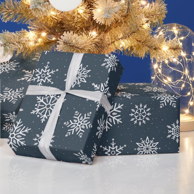 Modern Winter Snowflake Navy Blue Holiday Wrapping Paper (Holidays)
