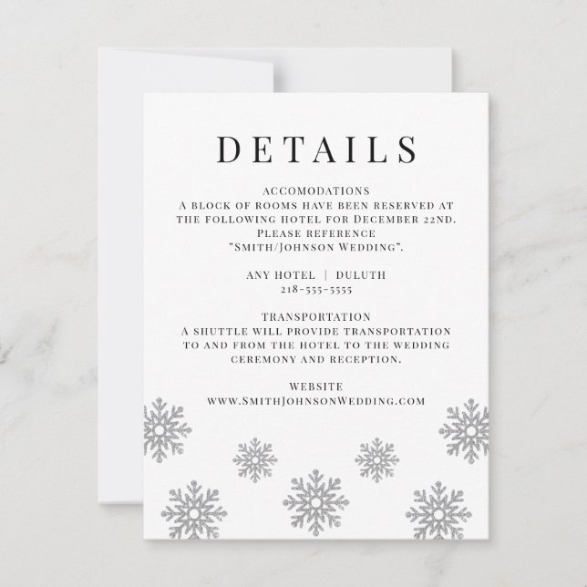 Modern Winter Snowflake Wedding Details Card (Front)