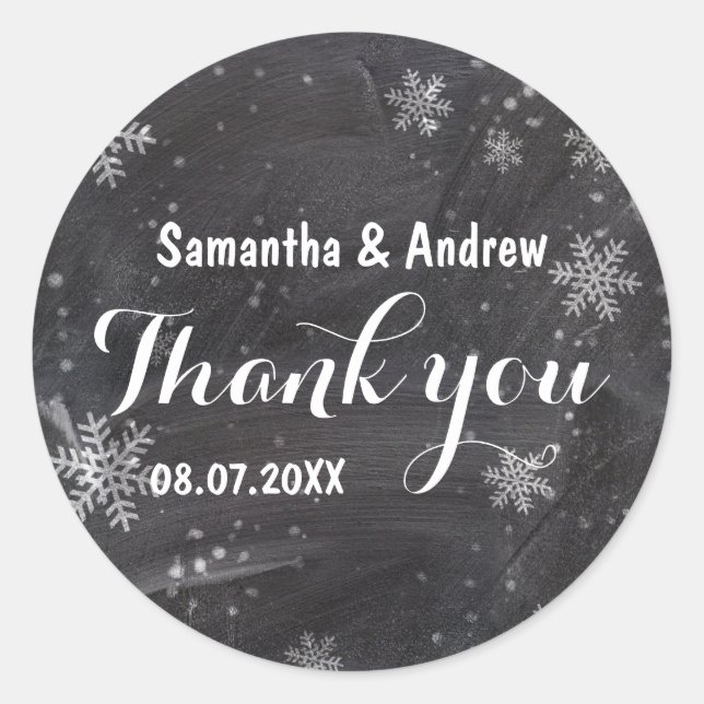 Modern winter snowflakes chalkboard Thank you Classic Round Sticker (Front)