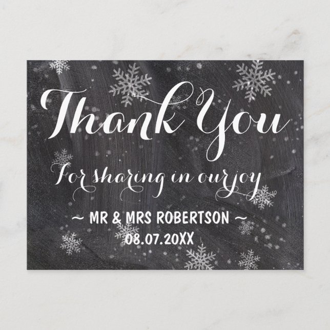 Modern winter snowflakes chalkboard thank you postcard (Front)