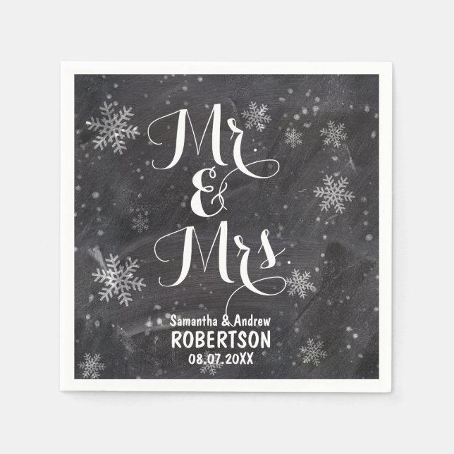 Modern winter snowflakes chalkboard wedding napkin (Front)