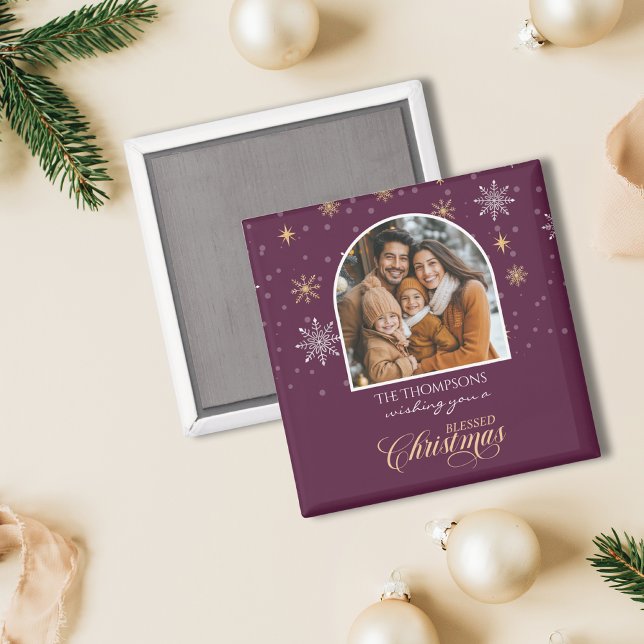 Modern Winter Snowflakes Photo Burgundy Christmas Magnet (Creator Uploaded)