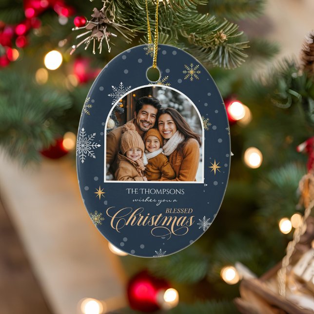 Modern Winter Snowflakes Photo Navy Blue Christmas Ceramic Tree Decoration (Creator Uploaded)