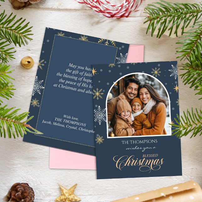 Modern Winter Snowflakes Photo Navy Blue Christmas Holiday Card (Creator Uploaded)