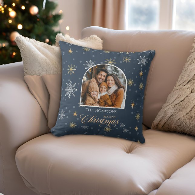 Modern Winter Snowflakes Photo Navy Christmas Cushion (Creator Uploaded)