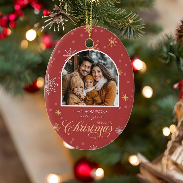 Modern Winter Snowflakes Photo Red Christmas Ceramic Tree Decoration (Creator Uploaded)