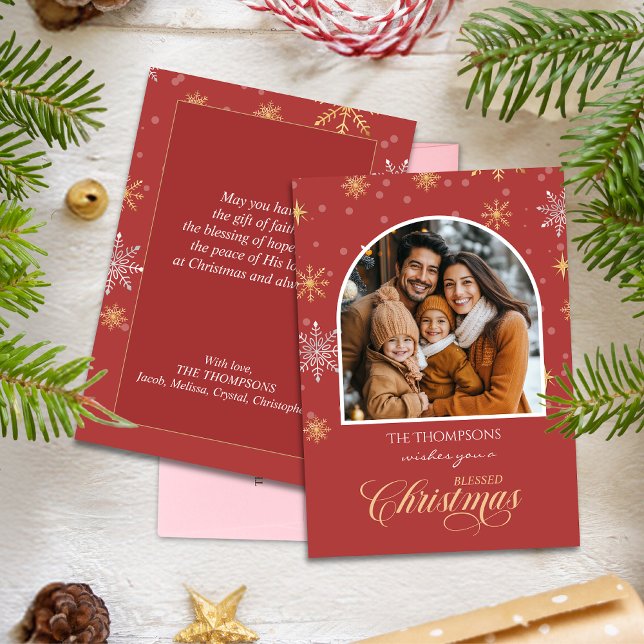 Modern Winter Snowflakes Photo Red Christmas Holiday Card (Creator Uploaded)