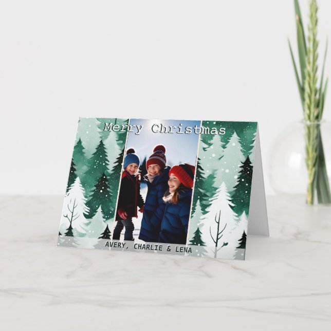 Modern Winter Trees Snow Scene  1 Photo Christmas Holiday Card (Front)