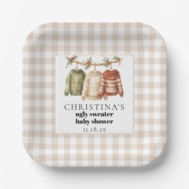 Modern Winter Ugly Sweater Baby Shower Cocktail  Paper Plate (Front)