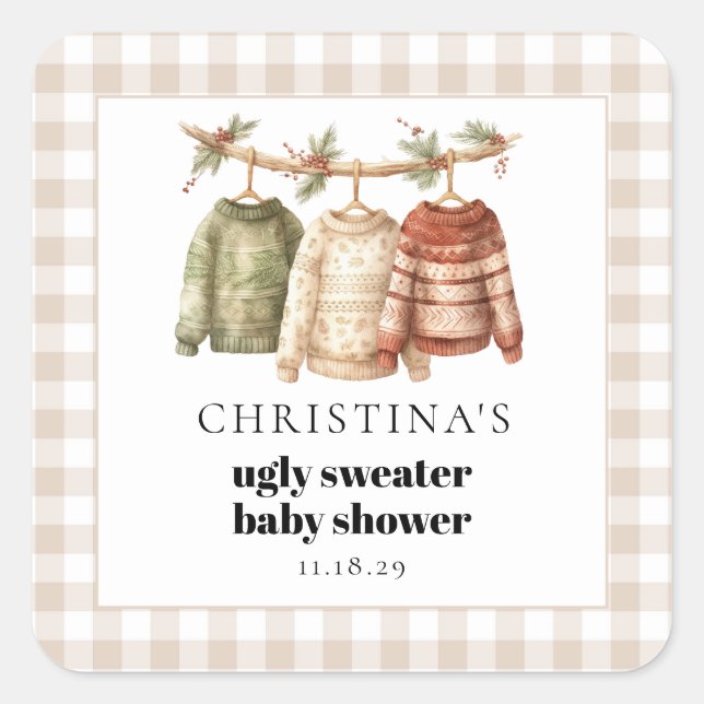 Modern Winter Ugly Sweater Baby Shower  Square Sticker (Front)
