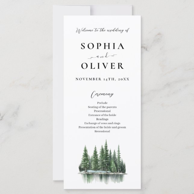 Modern Winter Watercolor Forest Wedding Program  (Front)