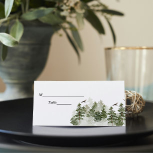 Modern Winter Watercolor Green Forest With Snow Place Card